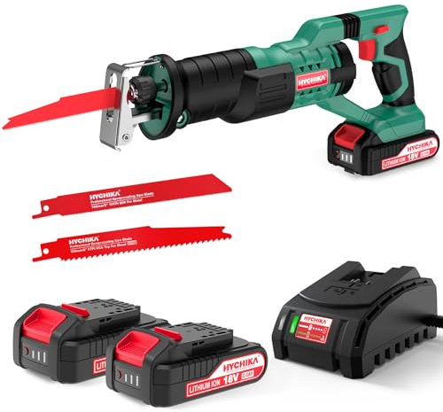 HYCHIKA Cordless Reciprocating Saw, 18V Brushless Electric Saws, 0-2800SPM Variable Speed Electric Saw with 2x2000mAh Batteries, 2 PCS Saw Blades, Fast Charger, LED Light,for Wood Metal PVC Cutting