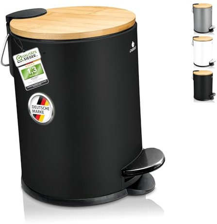 Exitoso Cestino Bagno Nero da 3 litri - Pattumiera Bagno Piccola con Coperchio e Pedale Design Nero - Cestini Secchio Bidone Spazzatura Rifiuti Immondizia da Bagno Metallo Bambu Cucina con Coperchio