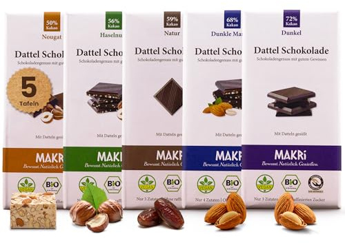 MAKRi® BIO Dattel Schokolade Probierpaket (5 Sorten) | Mit Datteln Gesüßt | Dattelschokolade Ohne Raffinierten Zucker | Vegane & Dattelsüsse Bio, Fair Gehandelt (5)