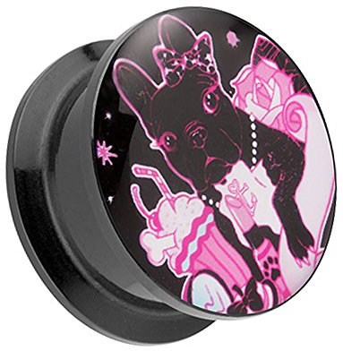 Taffstyle Ohr Plug Flesh Tunnel Piercing Ohrpiercing Kunststoff Schraub Schraubverschluß Picture mit Pink Dog Französische Bulldogge Hund Motiv 8mm