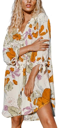 CUPSHE Women Floral Shirt Dress Cover Up Beach Dress 3/4 Sleeve Button Down Midi Length Dress White Yellow M L