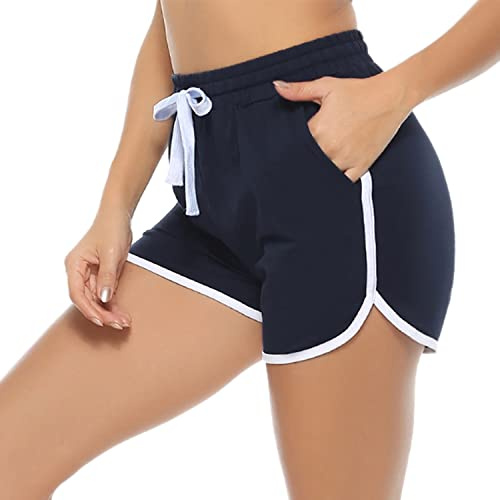 Aseniza Löparshorts för kvinnor, mjuka sportjoggingkläder, bomull, lounge, träning, gym, yoga, strippad hög midja med fickor, A-mörkblått, M