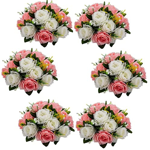 LANLONG 6 PCS Fake Flower Ball Arrangement Bouquet, 15 Heads Plastic Roses with Base, Artificial Flower for Wedding Bouquets Centerpieces Party Valentine's Day Home Decor