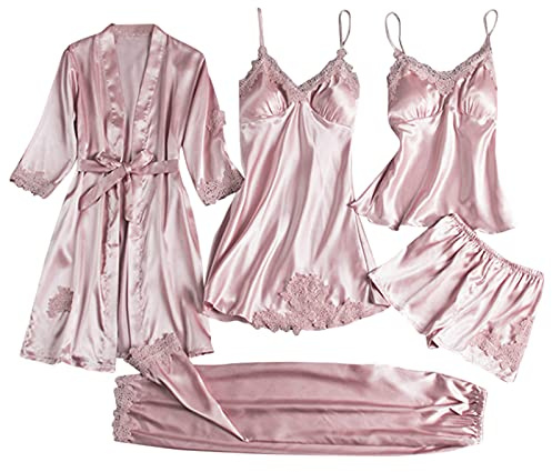 LAOLUO Ensemble de Pyjama Femme Sexy Satin Lingerie Confortable, Robe de Chambre Peignoir de Satin avec Ceinture, Bretelle Nuisette Chemise de Nuit, Hauts, Shorts, Pantalon, Lot de 3/4/5, Multicolore