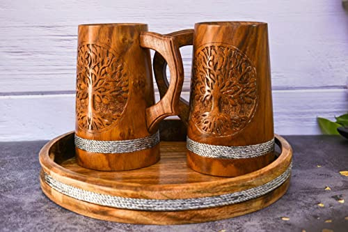 Indian Viking Style Wooden Beer Mug Set - 20 OZ Natural Hardwood Drinking Mug for Him - Wedding & Birthday Gifts (2 Sheesham Wood Mugs with Mango Wood Tray)