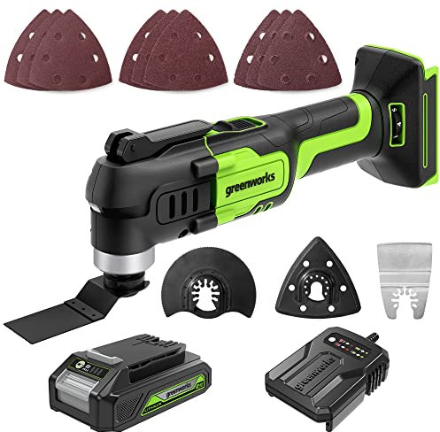Greenworks Akku-Multifunktionswerkzeug, 24V Akku Multi-Cutter zum Entfernen, Schaben, Schneiden, Polieren, 6 Einstellbare Geschwindigkeiten, inkl. 2Ah-Batterie