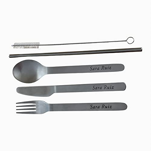 regalo grabado - Couverts de voyage personnalisés | Acier inoxydable | Gravure permanente et inaltérable | Passe au lave-vaisselle | Idéal pour le travail et le pique-nique, nom et date