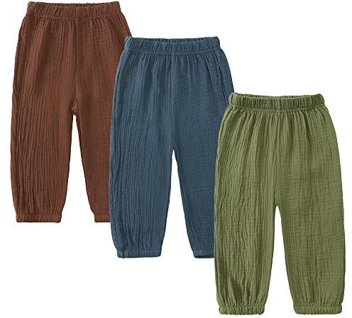 Kids Tales 3 Pack Boys Girls Cotton Linen Pants Child Basic Plain Solid Trousers Big Kids Elastic Waist Long Pants Bloomers