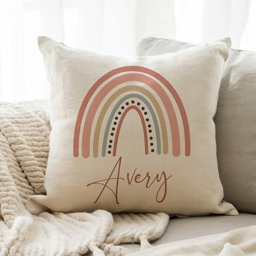 MRC Wood Products Personalized Boho Rainbow Pillow Cover with Custom Name - Unique and Colorful Cushion Case for Home Decor (Cover Only)