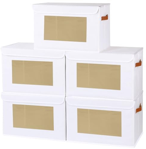 YheenLf Aufbewahrungsbox mit Deckel,5 Stück,Weiß Faltboxen,45x30x30cm | Schrank Organizer Kleiderschrank,Aufbewahrungsboxn mit Fenster,Faltbox mit Griff,Aufbewahrungskorb,Ordnungsboxen