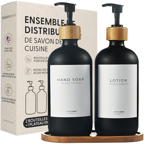 Maisonovo Glas-Seifenspender für das Badezimmer | Handseifen- und Spülmittelspender-Set | 500 ml bernsteinfarbene Flaschen mit schwarzer Bambuspumpe | 2er-Set Lotionspender für das Badezimmer
