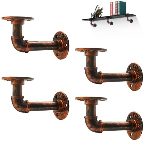 MLOQI Heavy Duty Scaffold Board Shelf Brackets 4 Pack - Industrial Pipe Wall Mount (Red Copper, 14 cm/5.5 Inches)