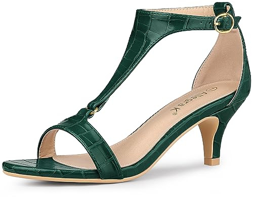 Allegra K Women's T Strap Embossed Kitten Heel Sandals Dark Green 8 UK/Label Size 10 US