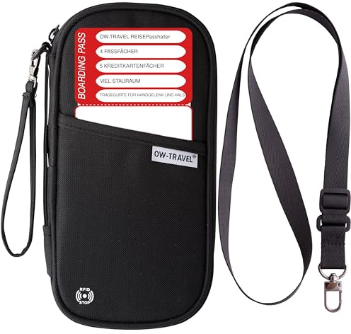 OW-Travel Reisepass Organizer Familie 4 Personen Schwarz, RFID Schutz Reise | Reiseunterlagen Organizer, Reisetasche für Reisedokumente, Dokumententasche Reise, Reiseorganizer Dokumente, mit Handschlaufe