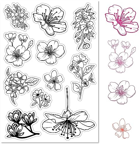 CRASPIRE Sello de Goma Transparente con Diseño de Flores de Cerezo, Plantas Retro, Sakura, Sellos de Silicona Transparente para Hacer Tarjetas de Diario, Álbumes de Recortes, Álbumes de Fotos Hechos