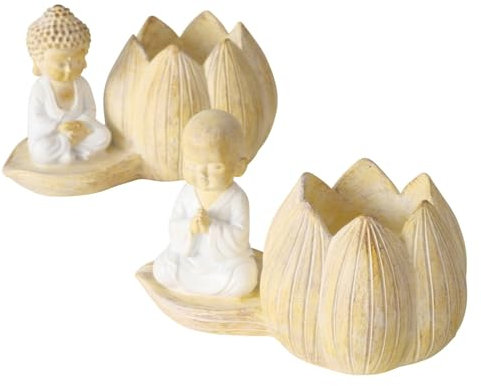 2 x Teelichthalter Finley Kunstharz Höhe 8 cm beige, Buddha, Set