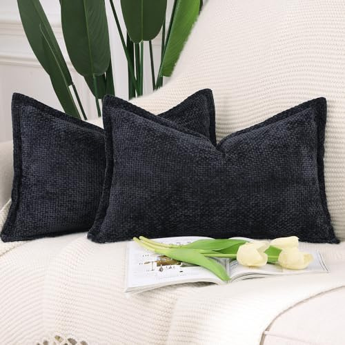 Madizz 2er Set Chenille Samt mit Rand Kissenbezüge Weiche Dekorativ Zierkissenbezüge Modern Kissenhülle für Sofa Wohnzimmer Schlafzimmer Schwarz 30x50 cm