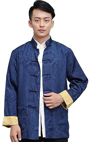 DLSNZ Ropa tradicional china de Kung Fu para hombre, chaqueta de traje de Hanfu y Tang, uniforme de artes marciales, Azul + dorado, X-Small