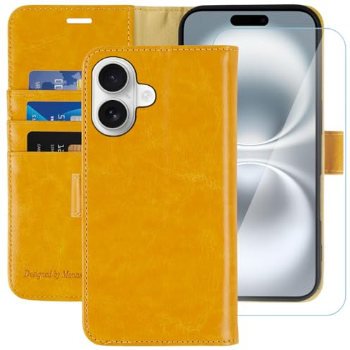 MONASAY for iPhone 16 5G wallet case,[Glass Screen Protector Included] [RFID Blocking] Flip Folio Leather Cell Phone Cover with Credit Card Holder, 6.1-inch, Yellow | Kickstand,RFID Blocking,6.6 feet of shock absorption,PU Leather,Strong Magnetic Closure,Fits 6.1 inch ONLY,screen Protector