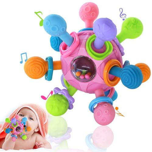 Giochi Neonato 0-3 Mesi, Palla Neonato Giochi Montessori 6 Mesi, Sonaglio Neonatos 3-6 Mesi, Pallina da Afferrar, Giochi Dentizione, Regali di Natale Per 4 7 9 12 Mesi (Rosa)