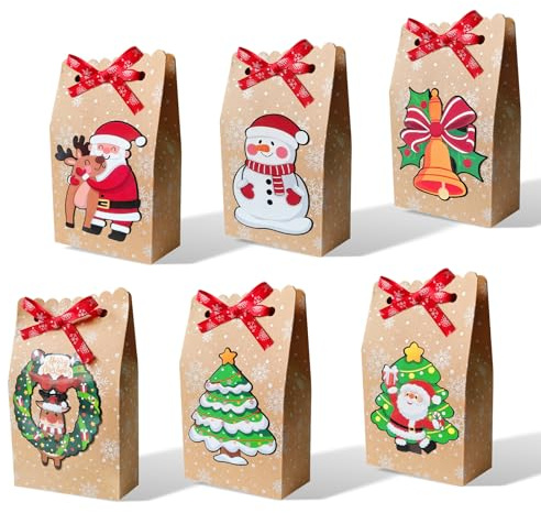 GKONGU Weihnachten kraftpapier Geschenktüten, Schneeflocken Vintage Süßigkeitsboxen zur Weihnachtsfeier Dekoration, Kleine Geschenkverpackung 12 Stück mit rotem Band