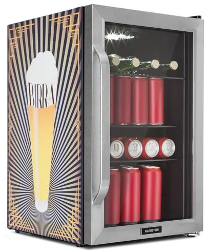 KLARSTEIN Nevera 70L, Minifrigorífico silencioso con estantes extraíbles, puerta de cristal y LED, Apta para exteriores, 0-10°C