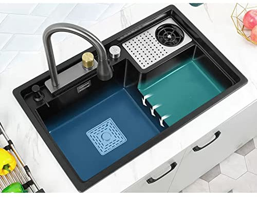 GODFSAHG Lavelli da Cucina,Lavello a Cascata in Pietra di Quarzo,Lavello Domestico,con Filtro di Scarico e Accessori,Installazione a Incasso o sottotop,Facile da Pulire