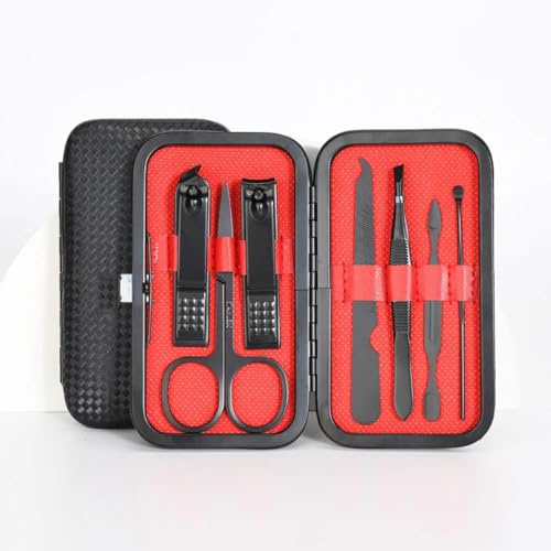 Manicure Set, Portable Nail Clippers & Eyebrow Grooming Kit, Nail Care Tools, Pedicure Tools, Grooming Tools for Travel & Home, Gift for Men, Women, Friends and Parents (7 pieces) (Black & Red)