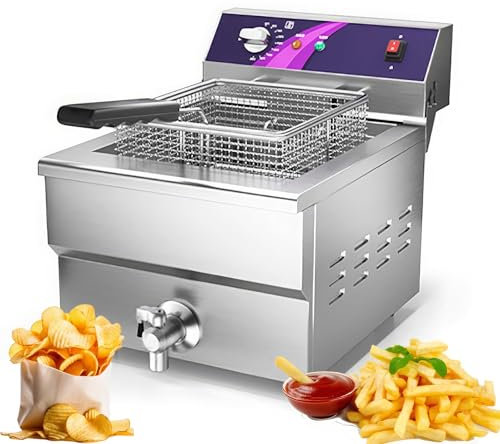 Friteuse Commerciale 13 L/19 L/26 L, Friteuse électrique 4800 W avec Contrôle Thermostatique 60-200 ℃, Minuterie 1 H, Système De Vidange D'huile, Acier Inoxydable, Modèle écologique 19L