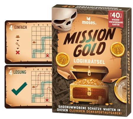 Moses. Mission Gold, Logikrätsel mit Suchtfaktor für unterwegs, 40 Wiederverwendbare Karten mit Wegwischstift, Denksportaufgaben in 3 Schwierigkeitsstufen für Jugendliche und Erwachsene