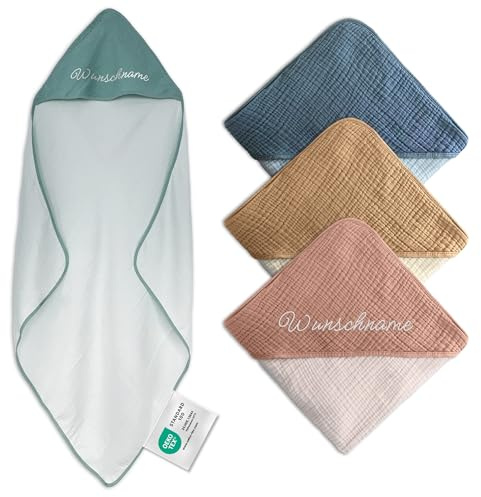 my STITCHERY Kapuzenhandtuch Kinder mit Namen Bestickt, Oeko-TEX® Standard 100 - Personalisiertes Badetuch mit Kapuze aus weichem Musselin mit gesticktem Namen (Mint, 100 x 100 cm)