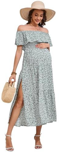 KOJOOIN Umstandskleid Damen Sommer Elegant Schwangerschaftskleid mit Schulterfreiheit Rüschen Umstandsmode Midi Stillkleid Dunkelgrün M