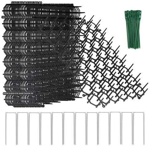 BONAVCY Anti Cat Spikes for Garden, 15x20cm Plastic Cat Scat Mat with Spikes, Animals Deterrent Net Repellent Mat with U-shaped Pegs and Ties for Garden, 12 PCS