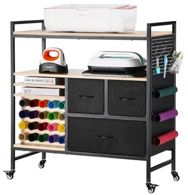 VEVOR Rolling Craft Cart and Storage Table, Compatible with Cricut Machines, Crafting Table Organization Workstation, Craft Rolling Storage Organizer with 20 Vinyl Roll Holders and 3 Drawers, Black