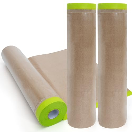 ADHES 3 ROLLS Masking Paper Pre-taped with Adhesive Tape 600mm x 15m, Car Masking Paper for Spraying,Brown Paper Tape,Carpet Protection Film Paint Shield Tape for Covering Skirting