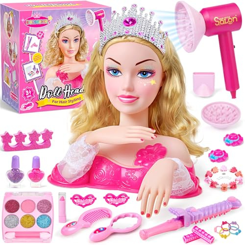 G.C Testa Bambola da Truccare e Pettinare Giocattoli Bambina 4 5 6 7 8 Anni con Asciugacapelli Smalto Pelabile Unghie Trucchi Corona Accessori per Capelli,Set Parrucchiera Bambina Regalo Compleanno