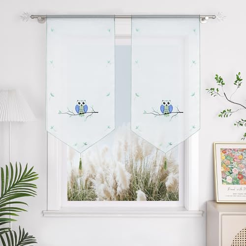 Yujiao Mao Brise-bise 1 pièce Transparent à Passer sur Tringle Blanc Court Rideau Motif brodé Chouette Bleu LxH 60x120cm