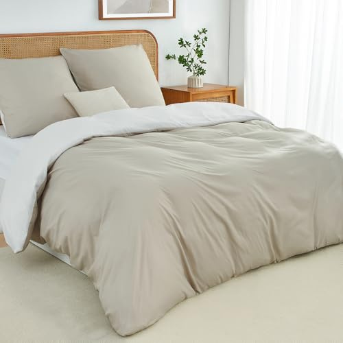 Duvetnova 155x220cm bettwäsche 2teilig Beige/Weiß Bettwäsche-Sets Microfaser ÖKO-TEX Wendebettwäsche 155 x 220, weich & bügelfrei 1 Bettbezug 155x220 + 1 Kissenbezug 80x80cm mit Reißverschluss