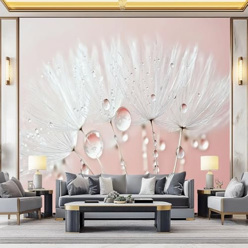3D Papel Pintado Viento Fresco Para Pared – Mural Decorativo Impermeable Para Dormitorio Y Sala Diente De León Gotas De Agua Fondo– Papel Tapiz Fotomurales De Pared 300 X 210 Cm