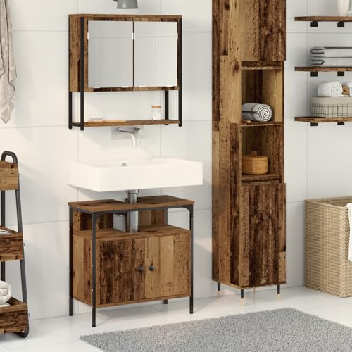 QJBSAVVA Mobile Bagno con Lavabo Integrato in Legno Vecchio Rustico Salvaspazio, Marrone Rettangolare, 2 Articoli, Armadio con Porte Scorrevoli per Arredo Interno Bagno