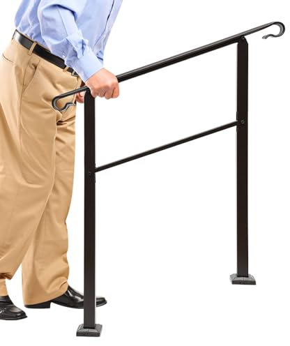 Staircase Handrail, 3 Step Handrail for Outdoor Stair, Steel Banister Rail, Freestanding Balustrade for Garden Porch Steps, 99 cm Support (Brown)