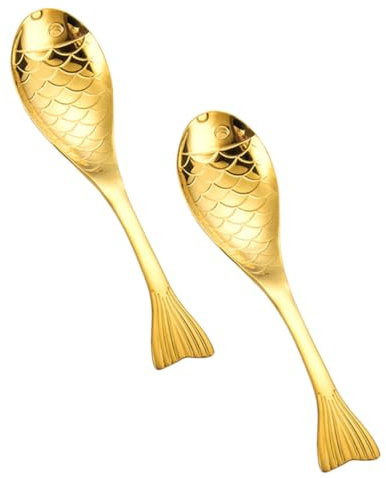 DECORNIJIA Coffee Spoons Stainless Steel 304 Stainless Steel and Great Polishing Process 2pcs with Ergonomic Design Luxury Golden Fish-Shaped Dinnerware Spoons for Coffee Stirring and Tea