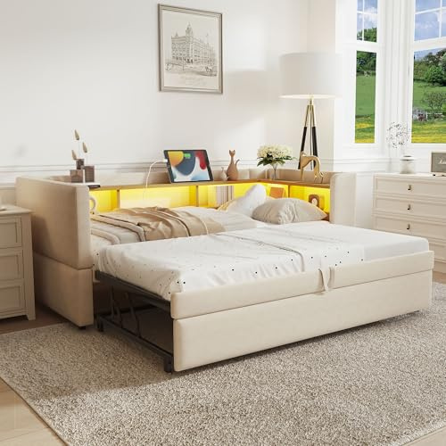 Merax ausziehbares Schlafsofa 90/180x190 cm, Polsterbett mit LED-Beleuchtung, Steckdosen & USB-Anschlüssen, viel Stauraum & Ablagefächern, Stabiler Lattenrost, Beige (ohne Matratze)