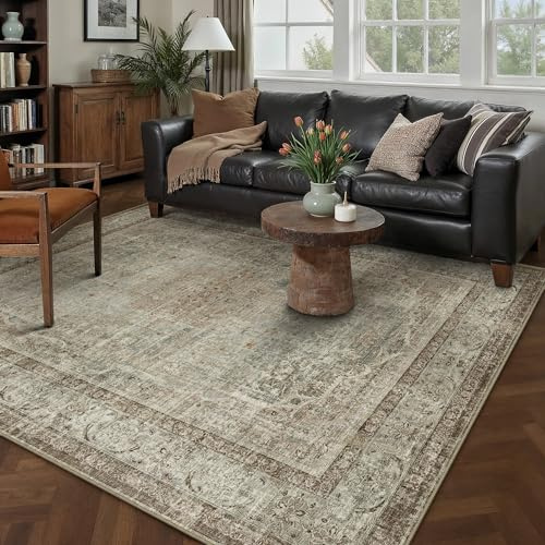 PureCozy Tapis de Salon Marron Poil Court Vintage 160x230cm, Tapis de Chambre Antidérapant Lavable, Tapis Persan pour Chambre d'enfant, Séjour, Salon, Descente de Lit