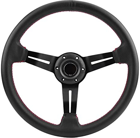 Haofy Steering Wheel, Aluminum Frame Black Perforated Leather 14in Diameter Racing Wheel for Universal Car Models