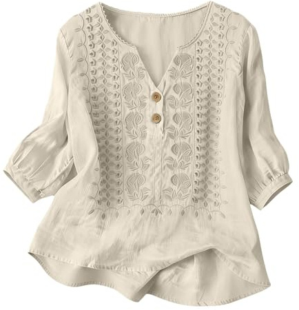 Camisas Mujer Primavera Manga 3/4 Algodón Lino Cuello V Bordado Étnico Blusa Transpirable Verano Oficina Suelta Casual Elegante Original Tops Fiesta Boho (1#2-Beige, XXL)