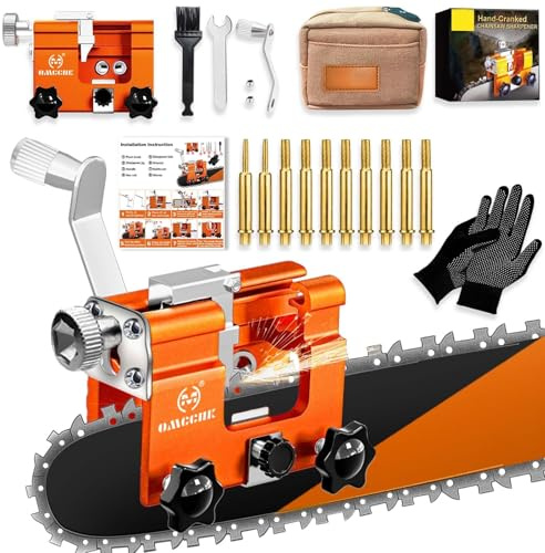 OMCCHK Chainsaw Sharpener Kit. Portable Hand Crank Chainsaw Chain Sharpener Jig.4-22 Inch Gas & Electric Chainsaws, Compatible.Chainsaw Blade. Sharpener with .10 Sharpening Burrs & Carry Bag