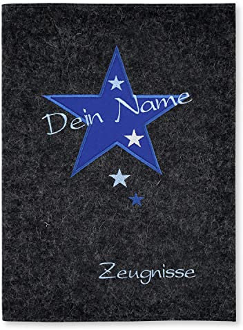 Goldi-Design Zeugnismappe Stern anthrazit/blau personalisiert mit Namen 100% Wollfilzumschlag und Sichtbuch DIN A4 mit 20 Hüllen