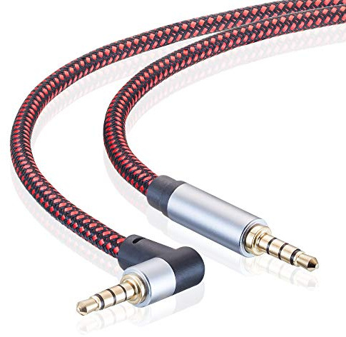 Male to Male 0.5M 90 Degree TRRS 3.5mm 4 Pole Nylon Braided Stereo Auxiliary Cable for Headphones, PS4, Phone, Tablets, Headset, PC, Laptop and More