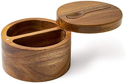 DecoVibe Acacia Salt Box Divided with Magnetic Swivel - 2-Compartment Wooden Spice Cellar - Elegant Wood Storage Keeper for Condiments, Seasoning, Pepper - Attached Spoon on Lid Cover - 3.9x3.9x2.5